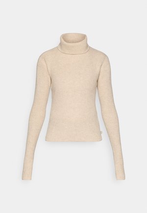 Beige gerippter Rollkragenpullover mit langen Ärmeln, aus einem weichen strukturierten Material gefertigt. Verfügt über ein tailliertes Design und dezente Seitentag-Details.