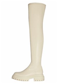 Botas de goma beige hasta la rodilla con suela gruesa, parte superior texturizada y paneles laterales elásticos para facilitar su uso. Acabado suave y líneas limpias.