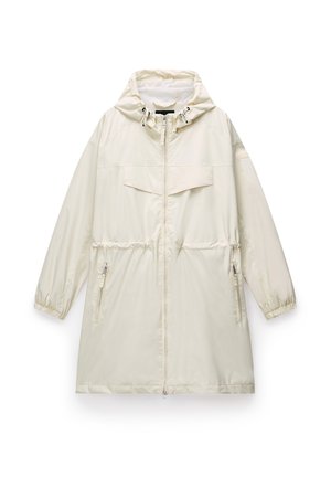 Lichtbeige waterdichte parka met een capuchon, elastische manchetten, twee met rits afgesloten zijzakken en een borstzak. Gelaagde stof met cinched taille.