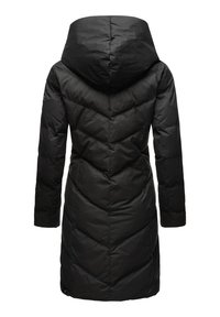 Melnā polsterētā parka jaka ar kapuci, ar ševronu šūšanu, garām piedurknēm un elegantu, izsmalcinātu siluetu.