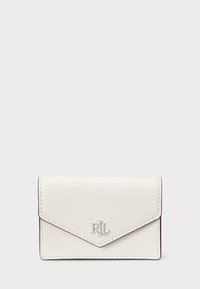 White leather cardholder with textured surface, triangular flap closure, contrasting stitching, and embossed logo detail on the front.