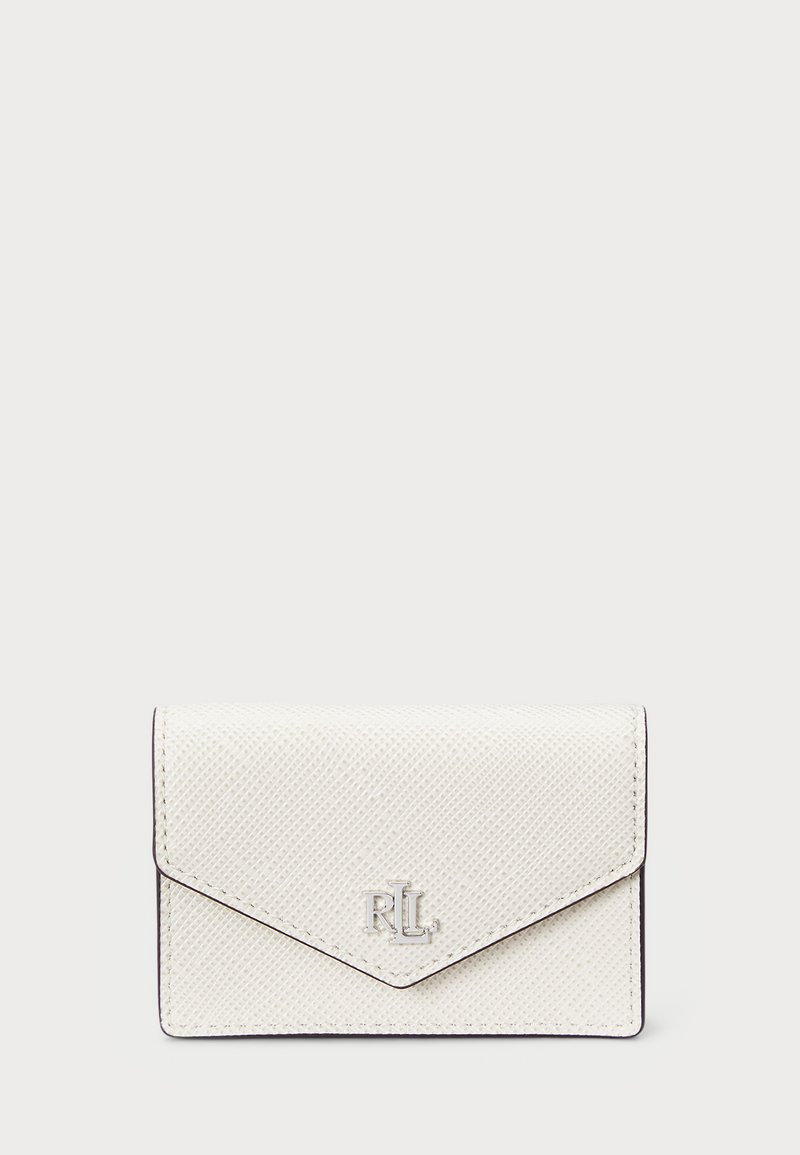 White leather cardholder with textured surface, triangular flap closure, contrasting stitching, and embossed logo detail on the front.
