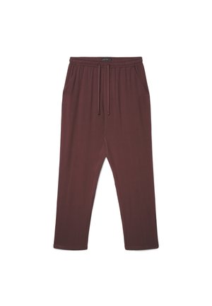 Pantaloni marroni a vestibilità ampia con cintura elastica, coulisse e tasche laterali, mostrati su sfondo bianco.