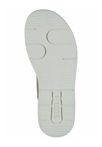 White rubber sole with textured grip patterns and a logo. The upper is light brown, made from soft material, with a rounded toe design.