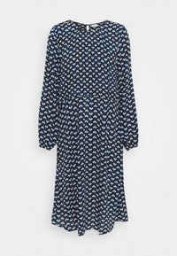 Svart klänning med långa ärmar, prydd med ett mönster av blåa och vita former. Slät textur och rynkad byst med knäppning bak.