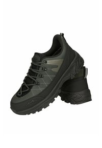 Scarpe da hiking nere e verde oliva con tomaia in rete, suola in gomma testurizzata, tallone rinforzato e dettagli di cucitura a contrasto.