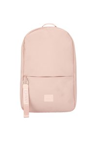 Pink fabric backpack with a rounded shape, front zip pocket, and a side strap labeled “JOHNNY URBAN.” Smooth texture and minimalist design.