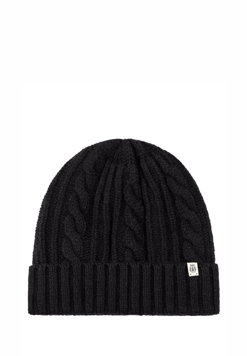 Black knitted beanie with a cable pattern, ribbed cuff, and a small branded tag. Made from textured wool-like material.