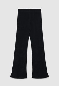 Pantaloni a flared in corduroy neri con una texture a costine, dotati di una cintura elasticizzata e di orli svasati alla caviglia.
