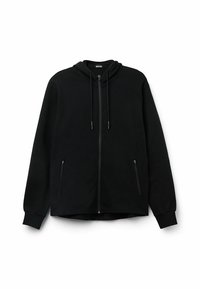 Sudadera con cremallera negra y capucha con cordón, de mangas largas, con bolsillos delanteros y una textura suave. Diseño simple y funcional sin patrones.