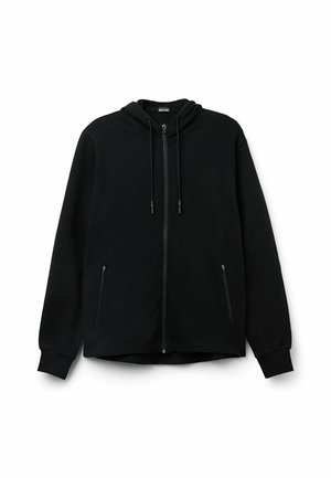 Černá mikina na zip s kapucí na šňůrku, dlouhými rukávy, předními kapsami a hladkou texturou. Jednoduchý, funkční design bez vzorů.