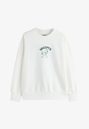 Biela mikina s okrúhlym výstrihom, dlhými rukávmi a rebrovanými manžetami. Na prednej strane je grafika Snoopyho s textom "SNOOPYHO DOBRÉ VIBRÁCIE VŽDY".