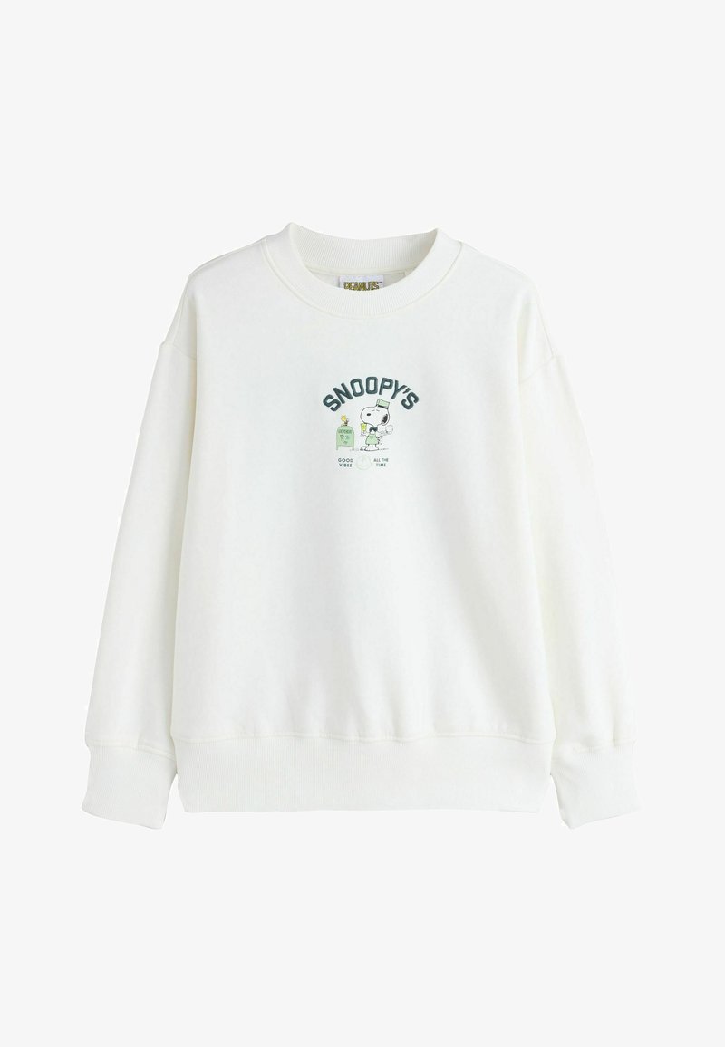 Bílá mikina s kulatým výstřihem, dlouhými rukávy a žebrovanými manžetami. Na přední straně je motiv Snoopyho s textem "SNOOPYHO POZITIVNÍ ENERGIE VŽDY".