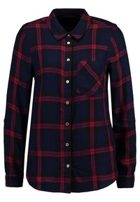 Langarm, knoopsluiting shirt in marineblauw en bordeauxruit. Kenmerken zijn een kraag, een enkele borstzak en een afgeronde zoom met knoopaccenten.