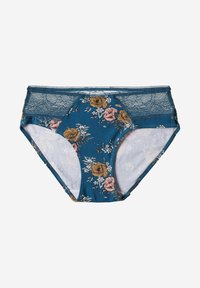 Turkusowe majtki z kwiatowym wzorem i koronkowym wykończeniem, zdobione wzorem żółtych i różowych kwiatów na ciemnym tle, z miękką podszewką.