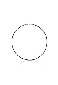 Collana choker in pelle nera, forma circolare, superficie liscia, con chiusura a clic in tonalità argento per una chiusura sicura e design semplice.