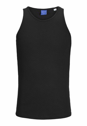 Schwarzes Tanktop aus geripptem Stoff, mit einem Rundhalsausschnitt und ärmellosem Design. Schlichte, klare Linien ohne Verzierungen.