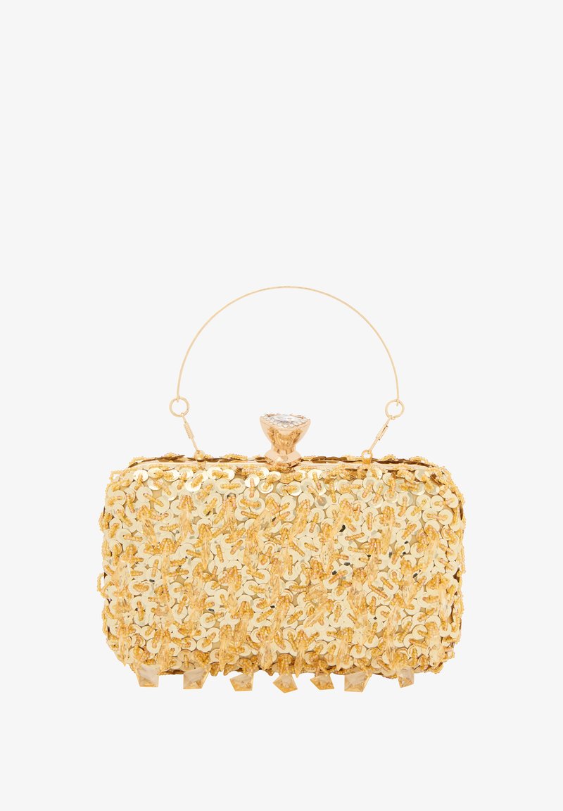 Złota torebka kopertowa z cekinami o strukturalnym prostokątnym kształcie, posiadająca górny uchwyt i dekoracyjny zatrzask z akcentem przypominającym diament.