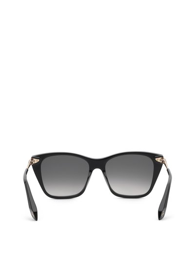Lunettes de soleil rectangulaires noires avec des montures épaisses et des verres dégradés gris foncé, présentées sur un fond blanc.