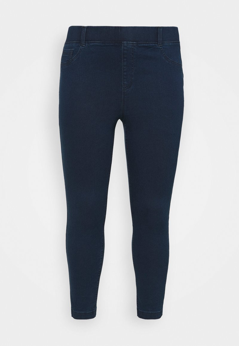 Mørkeblå denimleggings med et elegant, elastisk design. Har elastisk linning, ankellængde og klassisk fem-lomme-stil.