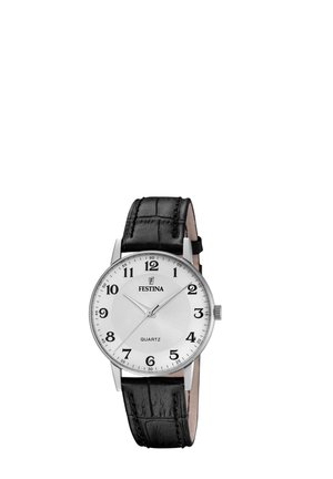 Analoge silberne Festina-Armbanduhr mit schwarzem Lederarmband, weißem Zifferblatt, schwarzen arabischen Ziffern und drei Zeigern, die 10:09:37 anzeigen.