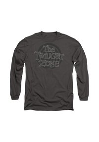 Dunkelgraues Langarmshirt mit dem Text "The Twilight Zone" und einem zirkularen Spiralmuster in der Mitte der Vorderseite.
