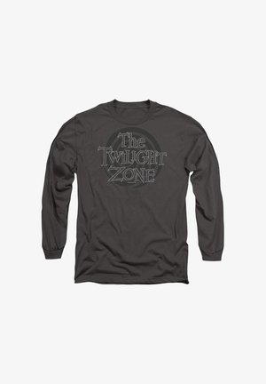 Dunkelgraues Langarmshirt mit dem Text "The Twilight Zone" und einem zirkularen Spiralmuster in der Mitte der Vorderseite.