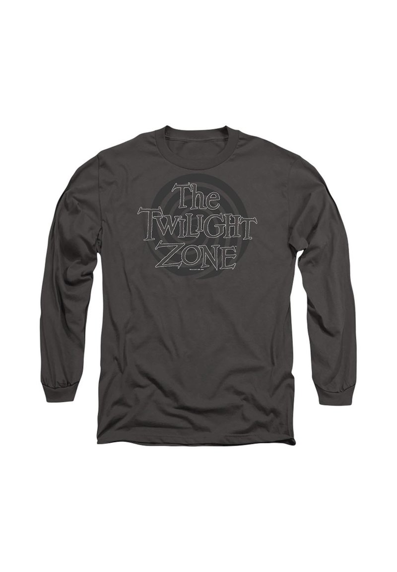 Dunkelgraues Langarmshirt mit dem Text "The Twilight Zone" und einem zirkularen Spiralmuster in der Mitte der Vorderseite.