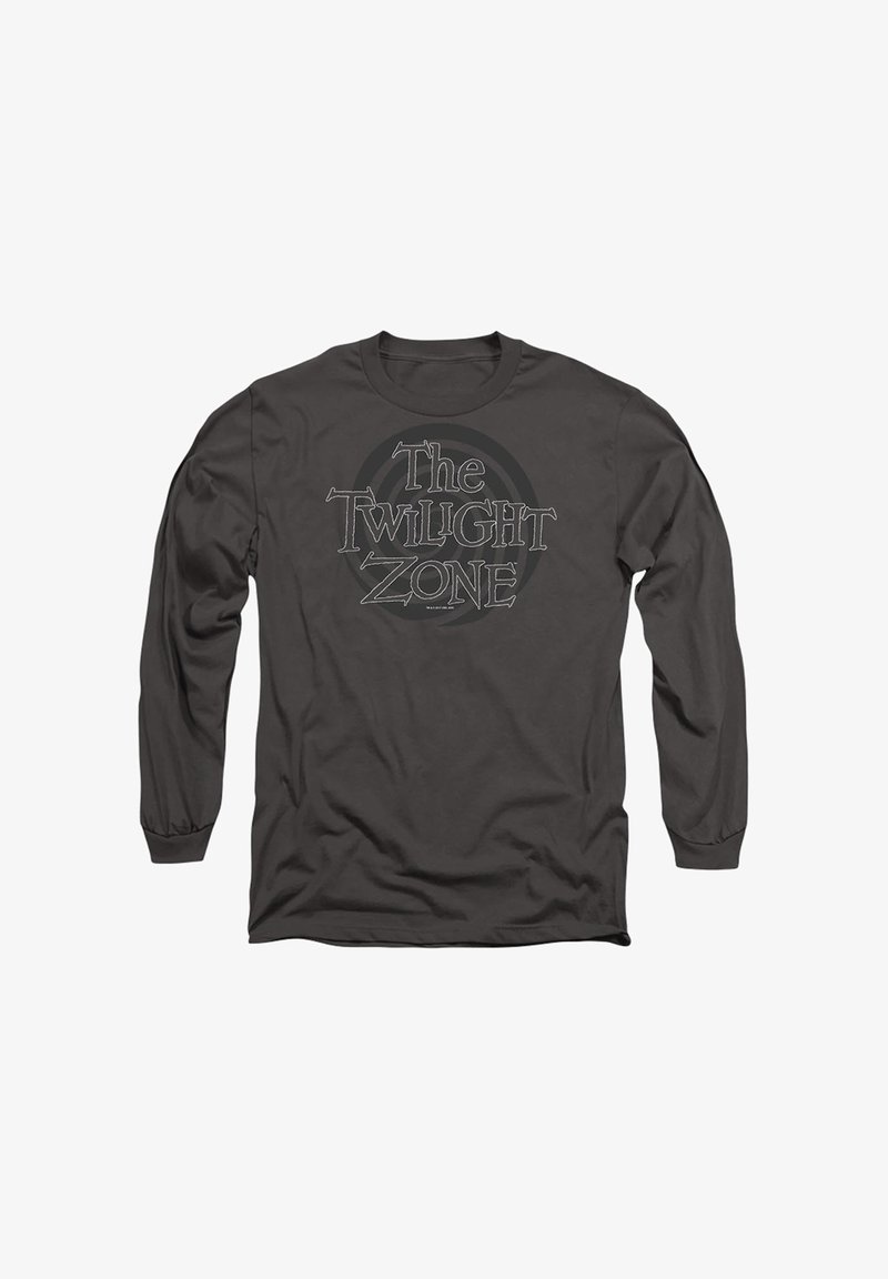 Dunkelgraues Langarmshirt mit dem Text "The Twilight Zone" und einem zirkularen Spiralmuster in der Mitte der Vorderseite.