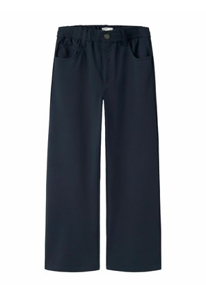 Pantaloni a gamba larga blu navy con vita elasticizzata, chiusura con bottone e tasche frontali, progettati per un uso casual.