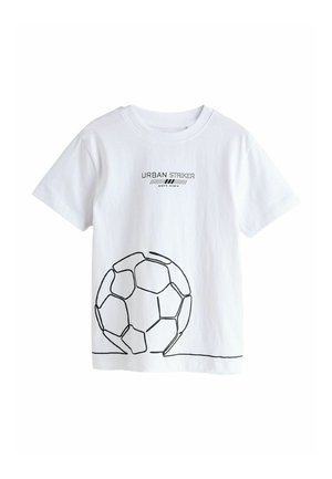 White short-sleeve T-shirt with "URBAN STRIKER" text and a minimalist black line drawing of a soccer ball near the bottom hem.