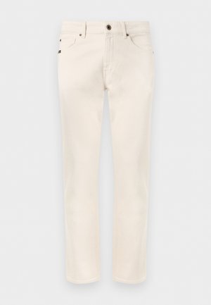 Off-white egyenes szárú farmer elülső gomb- és cipzárzárral, övbújtatókkal, valamint elülső és hátsó zsebekkel.