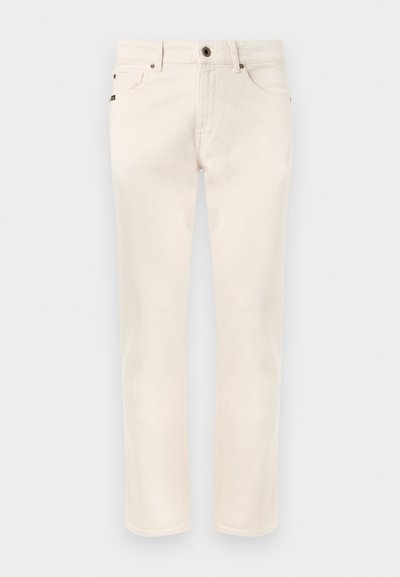 Εκρού τζιν με ίσια γραμμή, εμπρός κλείσιμο με κουμπί και φερμουάρ, θηλιές για ζώνη και εμπρός και πίσω τσέπες.