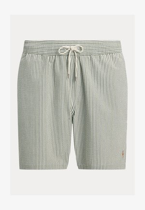 Grønne og hvite stripete badeshorts med snor i livet. Lett stoff, kne-lengde snitt, med en liten logo på siden.