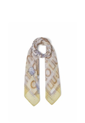 Sciarpa beige chiaro con motivi a chiave e nappine in oro e lilla, sfondo punteggiato e bordi giallo pallido con accenti circolari.