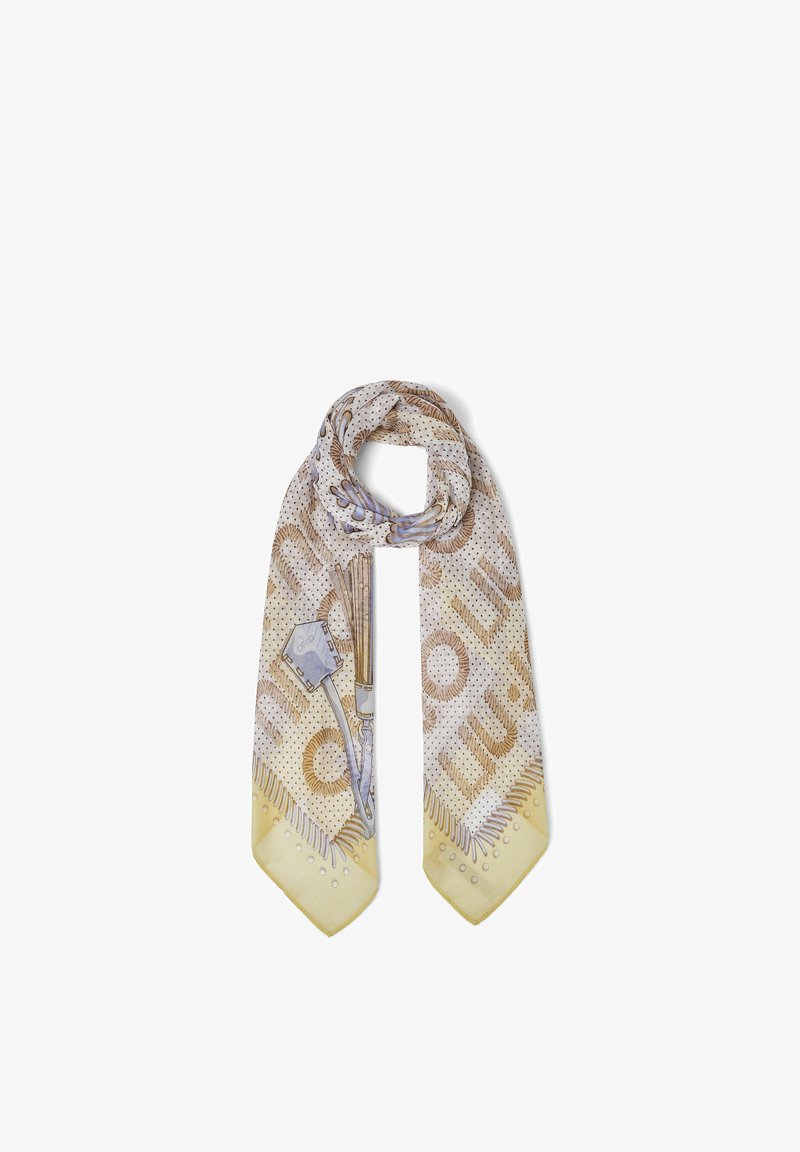 Écharpe beige clair avec motifs de clés et glands dorés et lilas, fond à pois, bords jaune pâle avec accents circulaires.