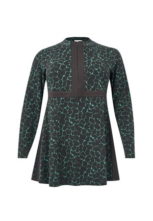 Tunique noire à manches longues avec un motif abstrait à taches turquoise et des détails en panneaux verticaux et horizontaux noirs unis.
