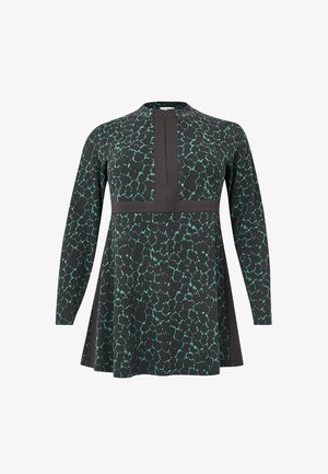 Schwarze Langarm-Tunika mit türkisfarbenem, abstraktem Sprenkelmuster und solid schwarzen vertikalen und horizontalen Paneeldetails.