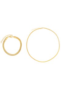 Set di gioielli in tono oro composto da un bracciale in rete flessibile con chiusura a catena e una collana a catena piatta e slanciata con chiusura a granchio.