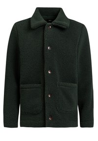 Tmavě zelená fleecová bunda s límcem, předními kapsami a hnědými knoflíky, vyrobená z měkké, strukturované látky.