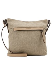 Beige canvas axelremsväska med en slät beige läderkant, utrustad med en dragkedja upptill och en justerbar axelrem.