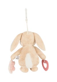 Soft plush bunny with long ears, beige fur, and a white patch on the back. Features a pink teether and a pink paw-shaped attachment.