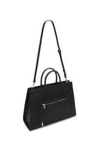 Black leather handbag with a textured finish, featuring dual top handles, a detachable shoulder strap, and a front zip pocket with gold hardware.