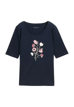 Navyblauwe katoenen T-shirt met een ronde halslijn en korte mouwen, met een bloemenprint in roze en wit op de voorkant.