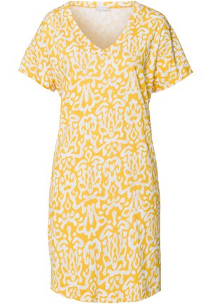 Geel kortomarmig jurk met een v-hals en een wit abstract patroon. Gemaakt van zachte stof met een losse pasvorm voor comfort.