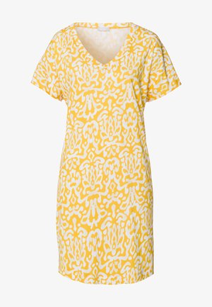 Vestido amarillo de manga corta con escote en V y un patrón abstracto blanco. Confeccionado en una tela suave y con un corte holgado para mayor comodidad.