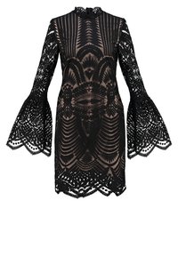Robe mini en dentelle noire avec des motifs géométriques et floraux, col haut, manches longues transparentes et poignets évasés.