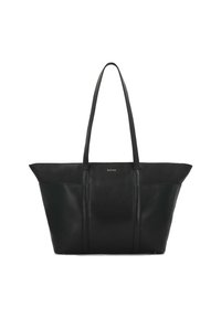 Borsa tote in pelle nera con silhouette strutturata, doppio manico e design minimalista che presenta un sottile marchio sul fronte.