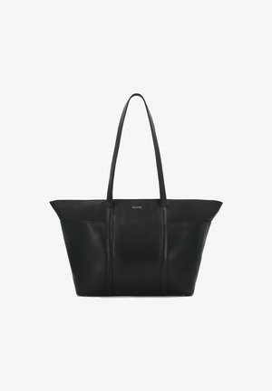 Borsa tote in pelle nera con silhouette strutturata, doppio manico e design minimalista che presenta un sottile marchio sul fronte.