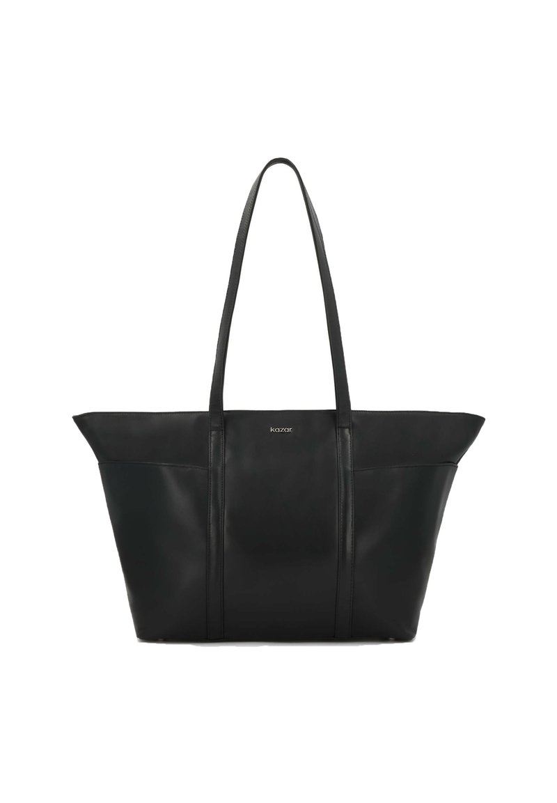 Borsa tote in pelle nera con silhouette strutturata, doppio manico e design minimalista che presenta un sottile marchio sul fronte.